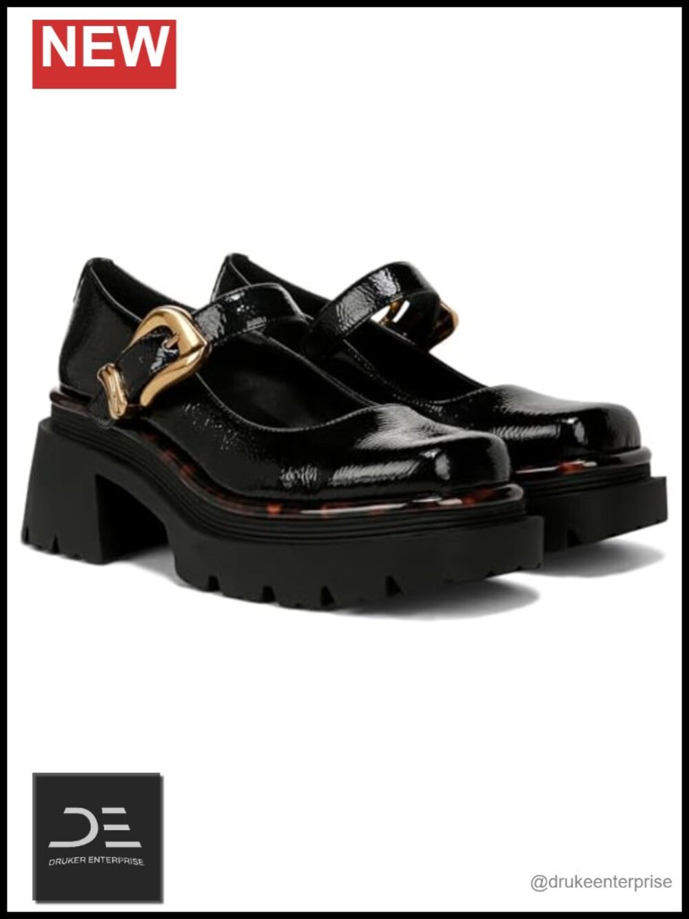 Chunky Lug Sole Mary Jane Flats with Block Heel and Buckle Closure